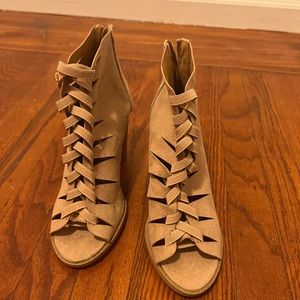 Lace Up Open Toe Taupe Ankle Booties